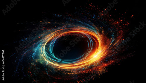 Glowing spiral of multi colored flames illuminates dark galaxy backdrop generated by AI