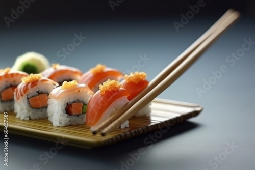 Generative AI chopsticks Sushi is a Japanese dish of prepared vinega Food Photography