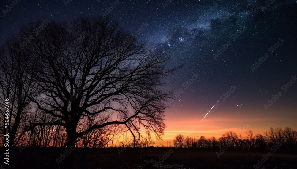 Fototapeta premium Tranquil scene illuminated tree silhouette under starry winter night sky generated by AI