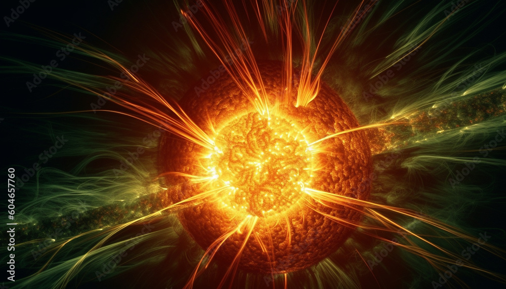 Explosive spiral of multi colored spheres in futuristic galaxy backdrop generated by AI Explosive spiral of multi colored spheres in futuristic galaxy backdrop generated by AI