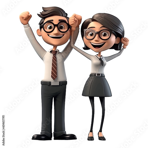 3D cartoon character, cute couple, businessman and businesswoman expressing happiness with arms raised, success together, idea concept, isolated on white background. Vector graphic