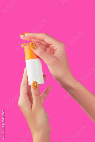 Manicured womans hand holding sunscreen bottle on pink background