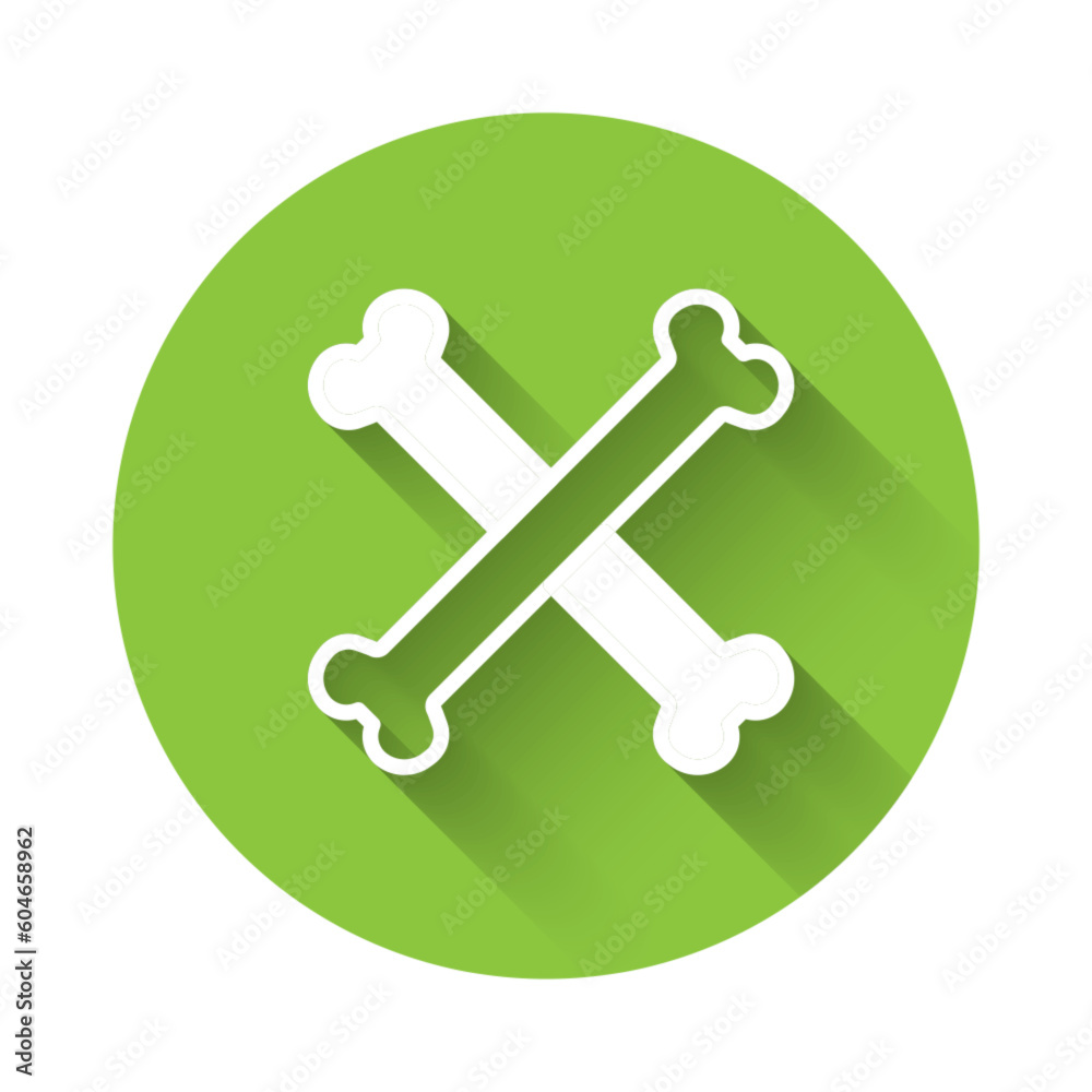 White Crossed bones icon isolated with long shadow. Pets food symbol. Happy Halloween party. Green circle button. Vector White Crossed bones icon isolated with long shadow. Pets food symbol. Happy Halloween party. Green circle button. Vector