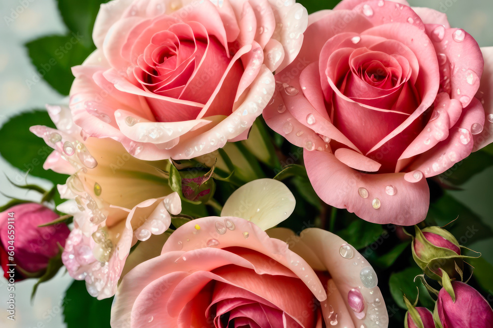 Macro photo of bright pink blooming rose with water drops. Wildlife concept of ecological environment. Generative AI Macro photo of bright pink blooming rose with water drops. Wildlife concept of ecological environment. Generative AI