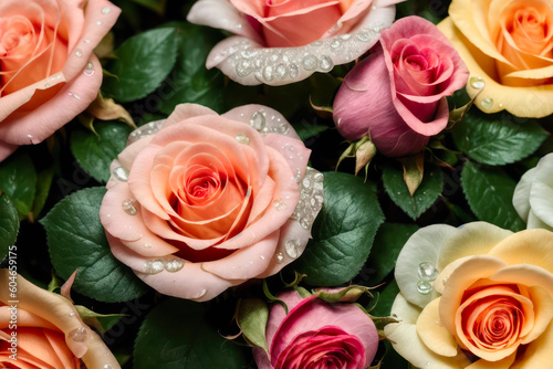 Macro photo of bright pink blooming rose with water drops. Wildlife concept of ecological environment. Generative AI