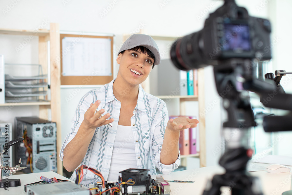 woman electrician recording video for his blog woman electrician recording video for his blog