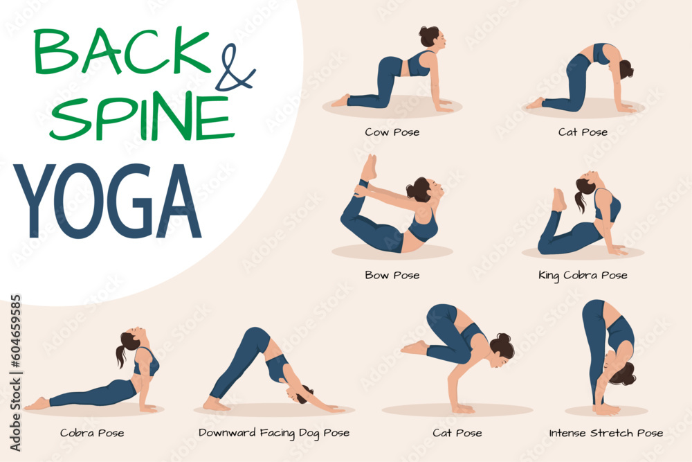 Set of Yoga exercises for Back and spine, infographics, young woman doing yoga asanas, vector illustration