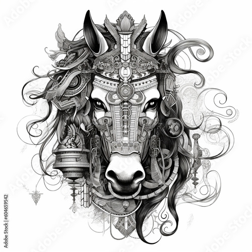 creative portrait horse portrait similar in tattoostyle with Indian patterns in the design included in the calculation in black and white photo