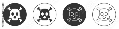 Black Bones and skull as a sign of toxicity warning icon isolated on white background. Circle button. Vector