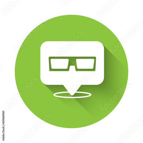 White 3D cinema glasses icon isolated with long shadow background. Green circle button. Vector