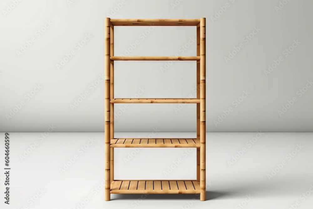 Simple and elegant bamboo shelving unit against a neutral background Simple and elegant bamboo shelving unit against a neutral background