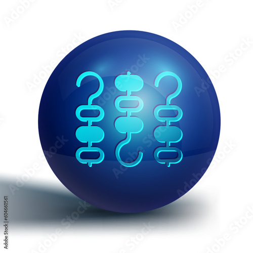 Blue Grilled shish kebab on skewer stick icon isolated on white background. Meat kebab on skewer stick. Picnic with grilled meat. Blue circle button. Vector