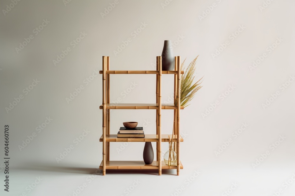 Simple and elegant bamboo shelving unit against a neutral background Simple and elegant bamboo shelving unit against a neutral background