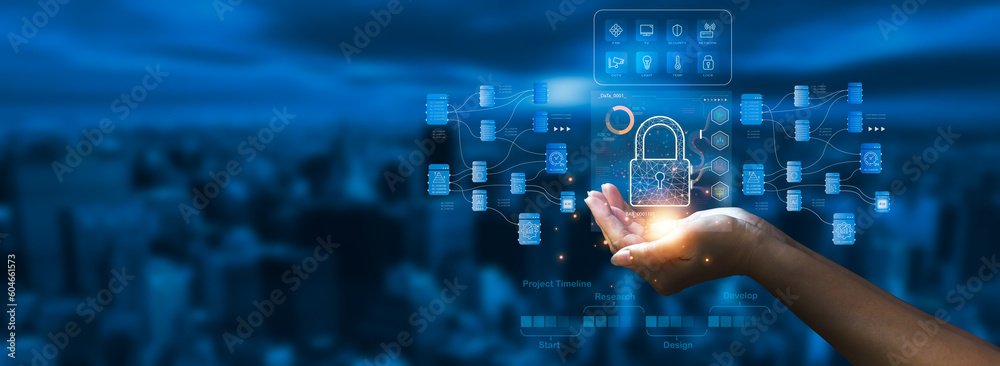cyber security concept and internet privacy data protection Modern showing padlock protecting business and financial data to protect personal information on digital devices, data governance - obrazy, fototapety, plakaty 