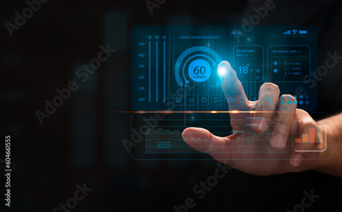a person holding a virtual icon Create a home network, people living concept and day-to-day technology Innovation of new ideas, smart home. with copy space