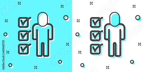 Black line Resume icon isolated on green and white background. CV application. Searching professional staff. Analyzing personnel resume. Random dynamic shapes. Vector