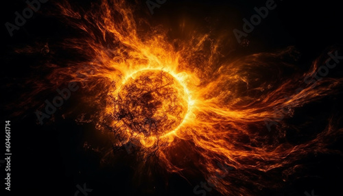 Abstract inferno igniting galaxy, a fiery sphere of natural phenomenon generated by AI