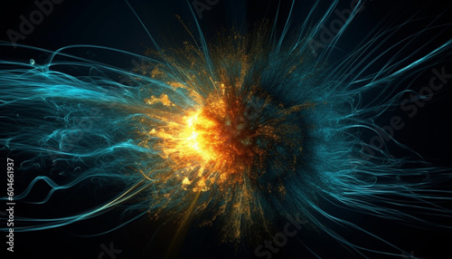 Futuristic galaxy explodes in abstract motion, creating glowing fractal patterns generated by AI