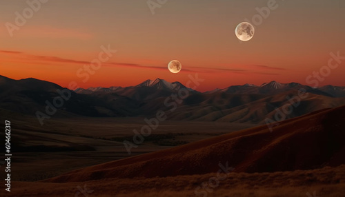 Majestic mountain range silhouettes against orange sunset, tranquil scene generated by AI
