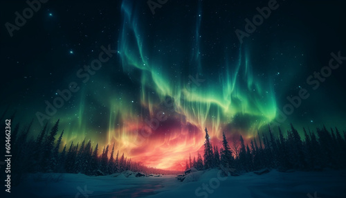 Nature mystery illuminated by star field in vibrant winter landscape generated by AI
