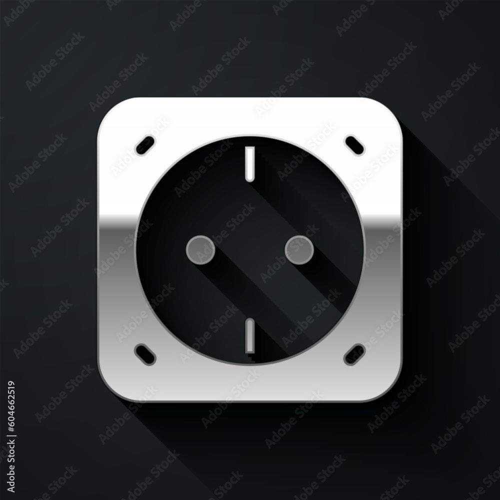 Silver Electrical outlet icon isolated on black background. Power socket. Rosette symbol. Long shadow style. Vector Silver Electrical outlet icon isolated on black background. Power socket. Rosette symbol. Long shadow style. Vector