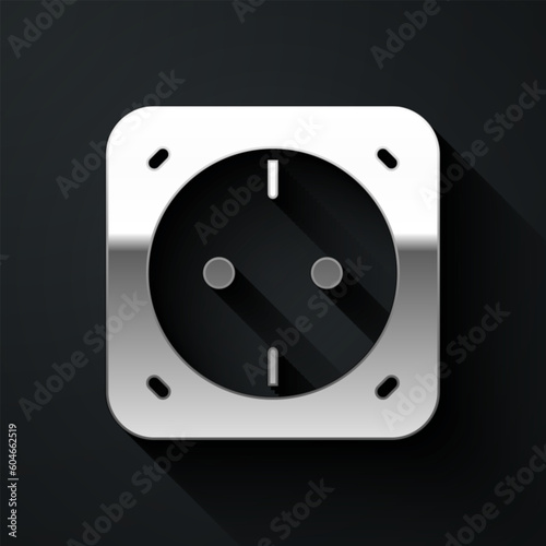 Silver Electrical outlet icon isolated on black background. Power socket. Rosette symbol. Long shadow style. Vector