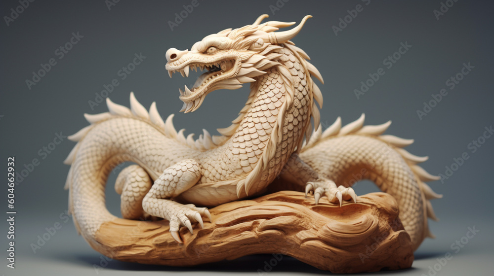 Obraz premium A light dragon made of wood on a gray background. The symbol of the year 2024 according to the Chinese calendar. A mystical animal in the horoscope.