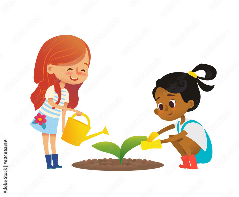 Two schooll girls engaged in gardening in the backyard. Girls watering and planting plants and flowers in the garden. Eco concept. Montessori education activity. Vector illustration. Two schooll girls engaged in gardening in the backyard. Girls watering and planting plants and flowers in the garden. Eco concept. Montessori education activity. Vector illustration.