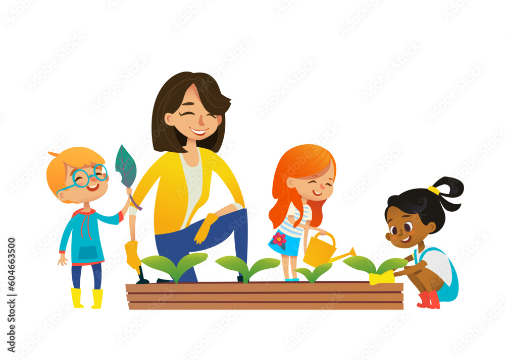 Female teacher and kids engaged in gardening in the backyard. Girl watering flowers in the garden. Eco concept. Montessori education concept. Organic gardening. Vector illustration. Female teacher and kids engaged in gardening in the backyard. Girl watering flowers in the garden. Eco concept. Montessori education concept. Organic gardening. Vector illustration.