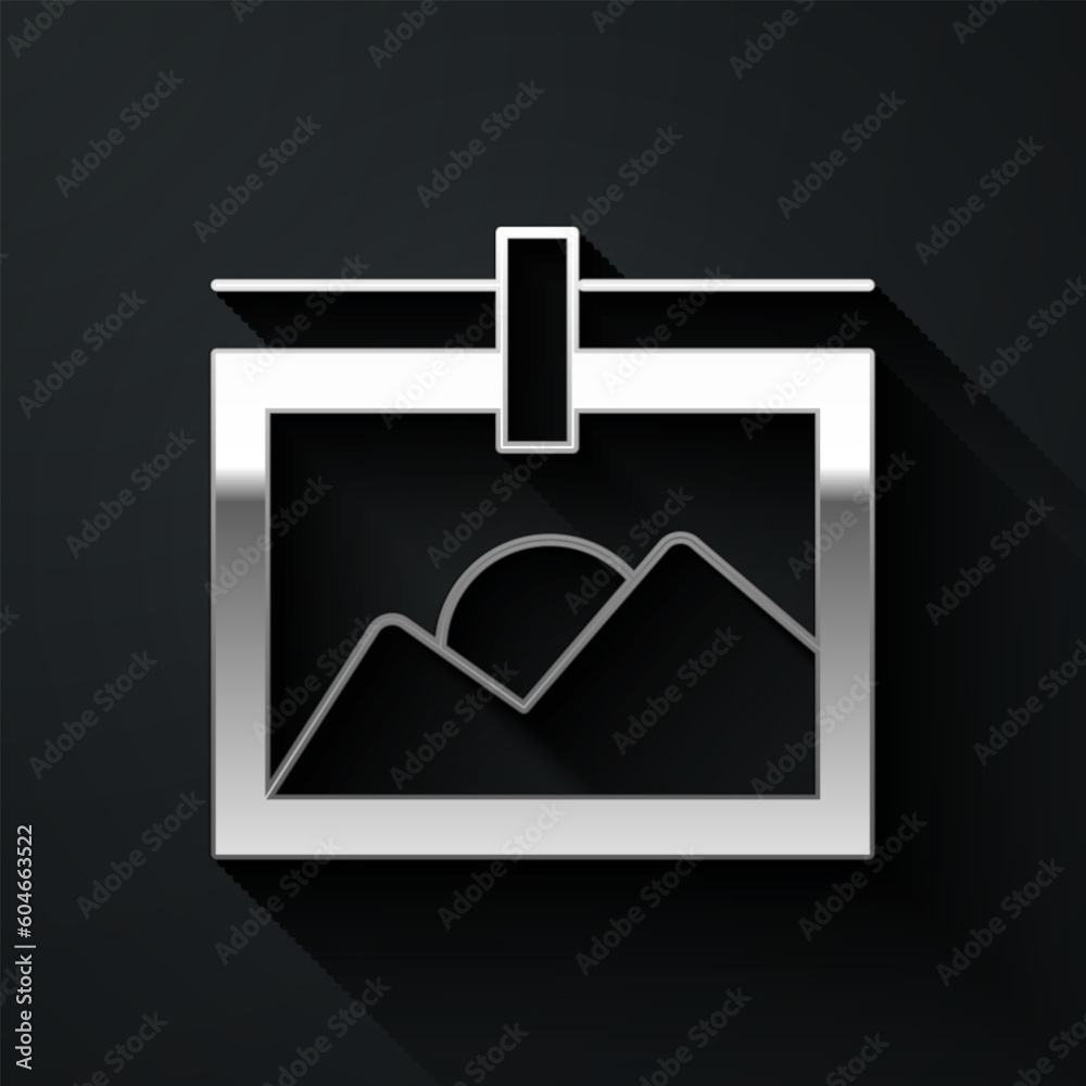 Silver Photo frame icon isolated on black background. Vintage empty photos frame. Long shadow style. Vector Silver Photo frame icon isolated on black background. Vintage empty photos frame. Long shadow style. Vector