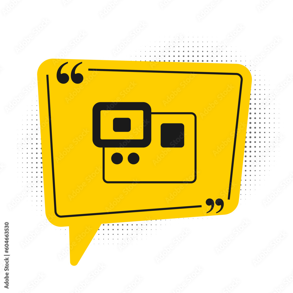 Black Action extreme camera icon isolated on white background. Video camera equipment for filming extreme sports. Yellow speech bubble symbol. Vector Black Action extreme camera icon isolated on white background. Video camera equipment for filming extreme sports. Yellow speech bubble symbol. Vector