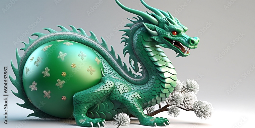 Obraz premium A beautiful green dragon with a New Year's ball instead of a part of the trunk on a light background, a symbol of the Chinese new year 2024, good luck, prosperity, wealth. Wide banner, copy space.