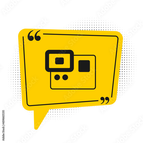 Black Action extreme camera icon isolated on white background. Video camera equipment for filming extreme sports. Yellow speech bubble symbol. Vector