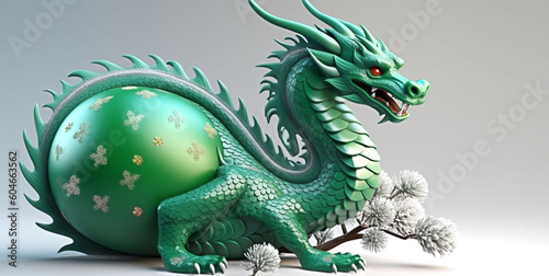 A beautiful green dragon with a New Year s ball instead of a part of the trunk on a light background  a symbol of the Chinese new year 2024  good luck  prosperity  wealth. Wide banner  copy space.