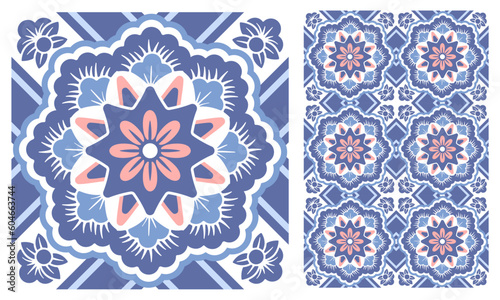 Azulejo mosaic tiles, square patterns with floral motifs, in blue and white colors. Mediterranean, Portuguese, Spanish traditional vintage ceramic tilework. Arabesque ornament with flowers. Vector