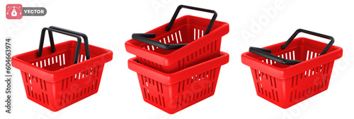 Empty red shopping basket set. Realistic 3d shopping cart with handles, isolated on white background. Vector illustration