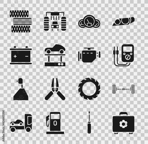 Set Toolbox, Chassis car, Multimeter, Speedometer, Repair on lift, Car battery, tire wheel and Check engine icon. Vector