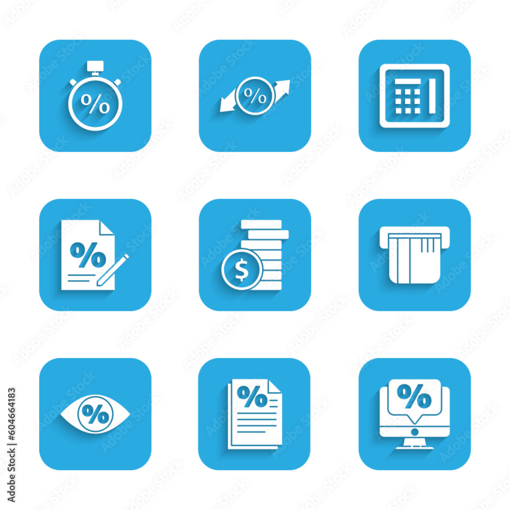 Set Coin money with dollar, Finance document, Percent discount and monitor, Credit card, Eye percent, Safe and Stopwatch icon. Vector Set Coin money with dollar, Finance document, Percent discount and monitor, Credit card, Eye percent, Safe and Stopwatch icon. Vector