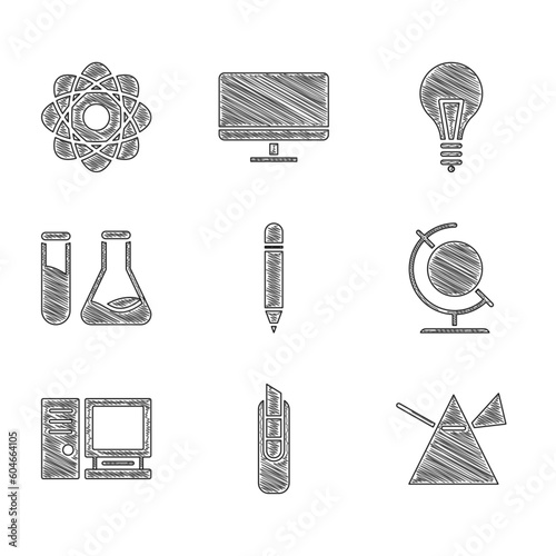 Set Pencil with eraser, Stationery knife, Light rays in prism, Earth globe, Computer monitor, Test tube and flask, bulb concept of idea and Atom icon. Vector