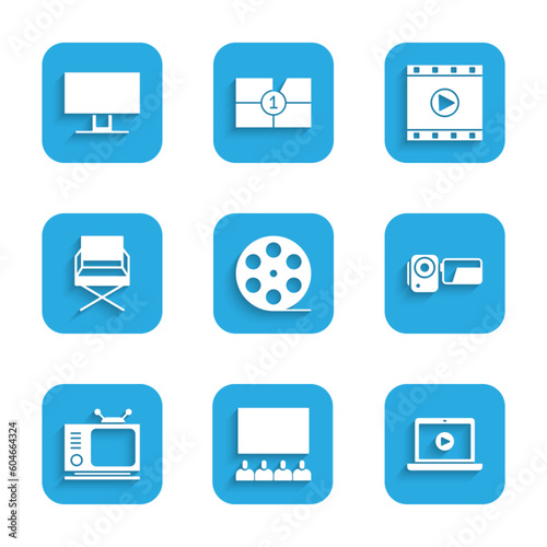 Set Film reel, Cinema auditorium with screen, Online play video, camera, Retro tv, Director movie chair, Play Video and Smart Tv icon. Vector
