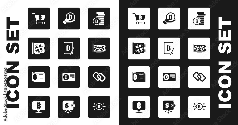 Set Bitcoin, Mining bitcoin from tablet, Video graphic card, Shopping cart with, Hand holding, Chain link and browser icon. Vector