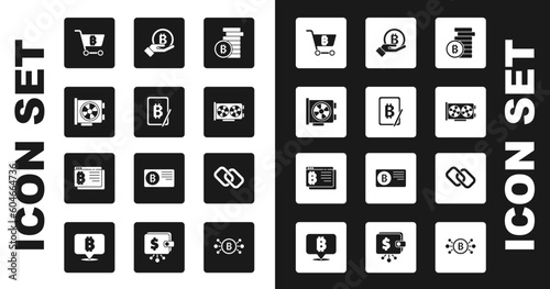 Set Bitcoin, Mining bitcoin from tablet, Video graphic card, Shopping cart with, Hand holding, Chain link and browser icon. Vector