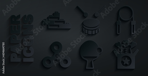 Set Racket and ball, Jump rope, Fidget spinner, Jack the box toy, Drum with drum sticks and Toy building block bricks icon. Vector