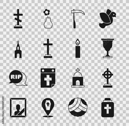Set Funeral urn, Grave with cross, Christian chalice, Scythe, Church building, and Burning candle icon. Vector