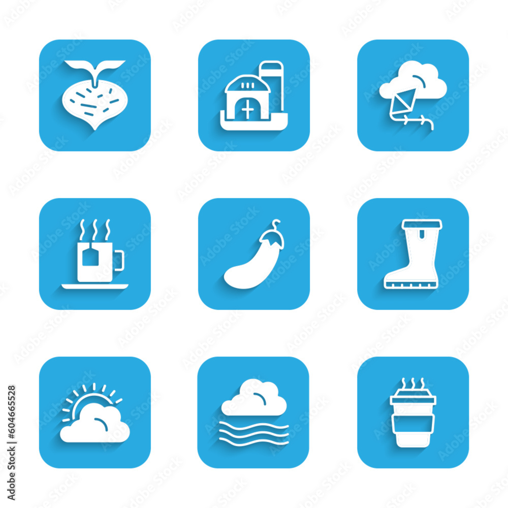 Set Eggplant, Windy weather, Coffee cup to go, Waterproof rubber boot, Sun and cloud, Cup tea with tea bag, Kite and Beet icon. Vector Set Eggplant, Windy weather, Coffee cup to go, Waterproof rubber boot, Sun and cloud, Cup tea with tea bag, Kite and Beet icon. Vector