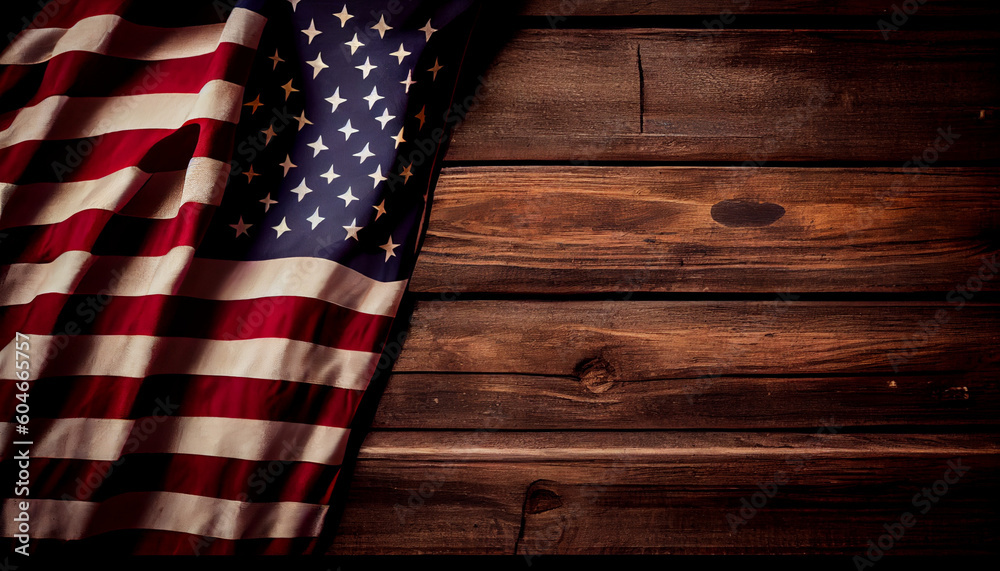 Fototapeta premium top view of american flag on wood with copy space Ai generated image