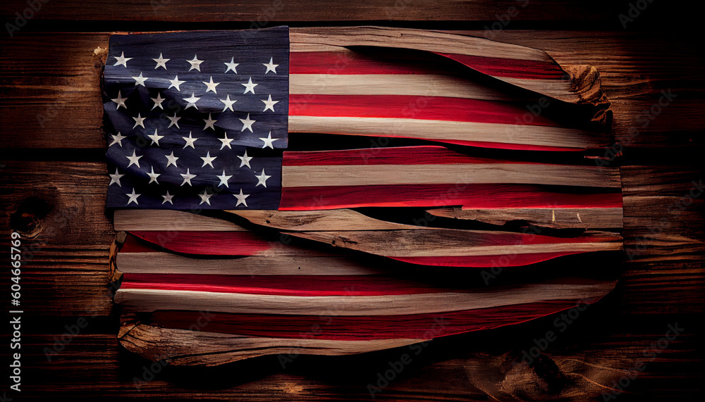 Fototapeta premium top view of american flag on wood with copy space Ai generated image