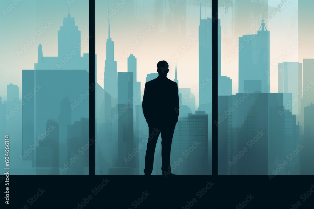 man standing by a window with a city view. Great for travel and lifestyle-related projects. Generative AI Technology. man standing by a window with a city view. Great for travel and lifestyle-related projects. Generative AI Technology.