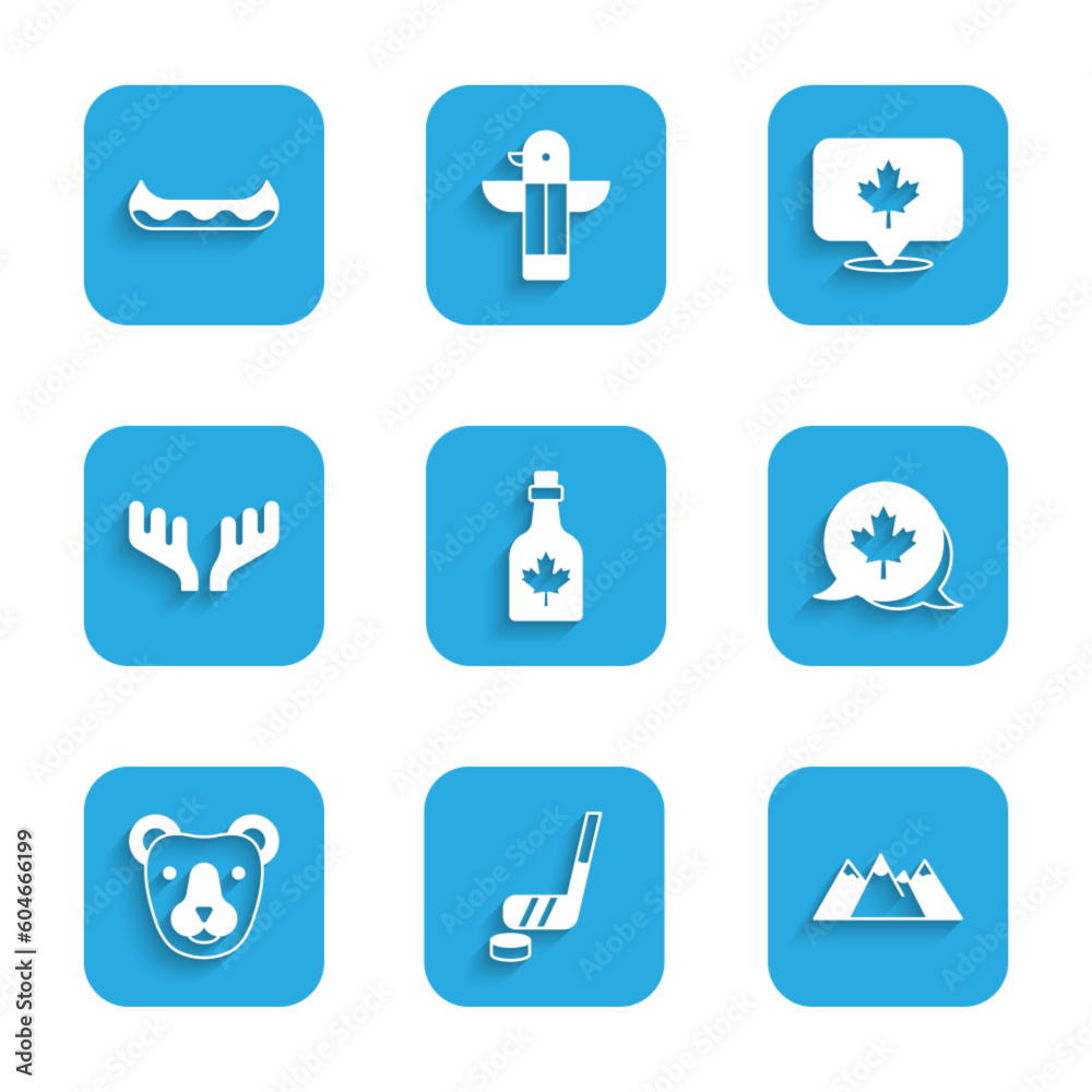 Set Bottle of maple syrup, Ice hockey stick and puck, Mountains, Canadian leaf, Bear head, Deer antlers, and Kayak icon. Vector Set Bottle of maple syrup, Ice hockey stick and puck, Mountains, Canadian leaf, Bear head, Deer antlers, and Kayak icon. Vector