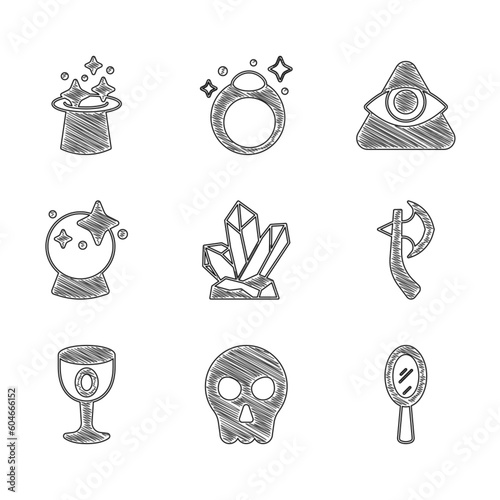 Set Magic stone, Skull, hand mirror, Wooden axe, Medieval goblet, ball, All-seeing eye of God and hat icon. Vector